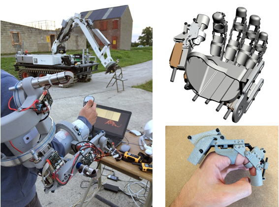 SPACEAPPS’ prototype force feedback exoskeleton (ICARUS project). Right: SPACEAPPS’ early concept of a force feedback exoskeleton hand and preliminary finger prototype (internal development).